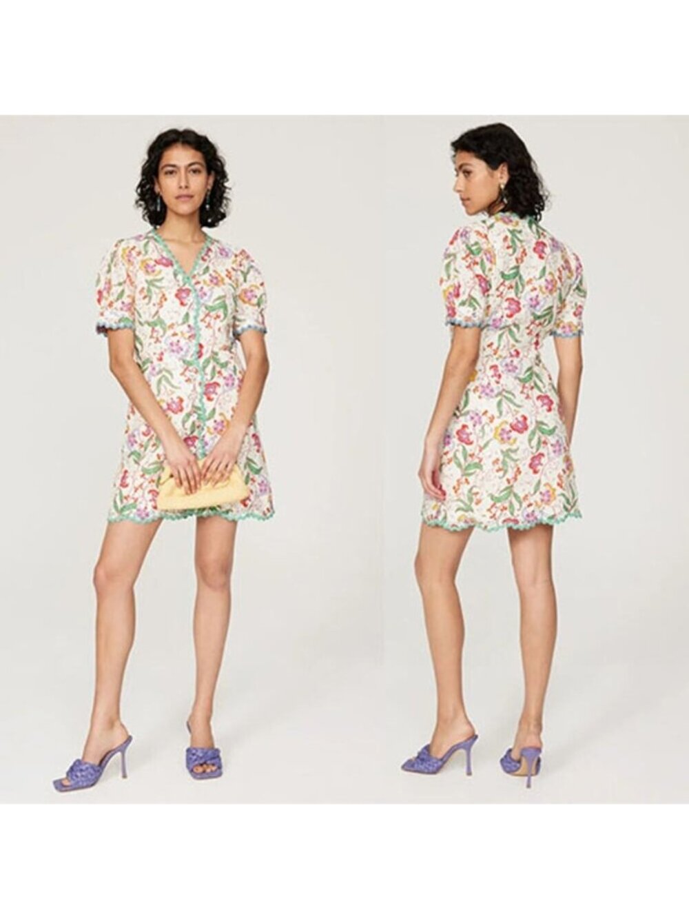 NWT Saloni Marlee Printed Linen Short Puff Sleeves Mini Dress Red Green Size: 10